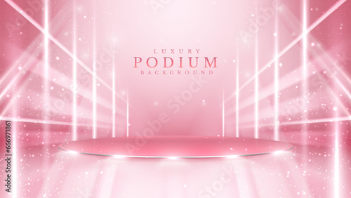 Empty podium silver on pink background with light neon effects with bokeh decorations. Luxury scene design concept.