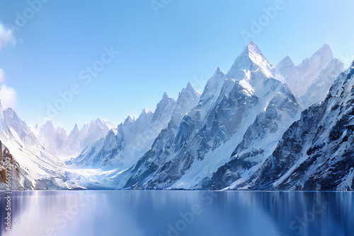 Stunning scenic landscape view of a cool blue serene lake with beautiful snow-capped mountains rising majestically into the sky. Picture perfect scenery of white snowy mountain range with tranquil sea