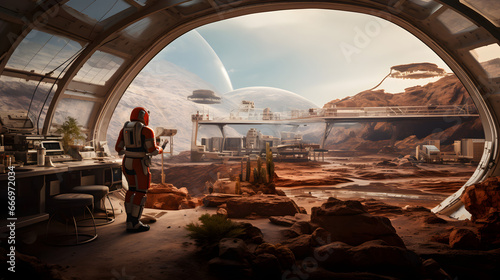 Photo Wide shot of a Mars colonist inside a futuristic habitat on the surface of plane