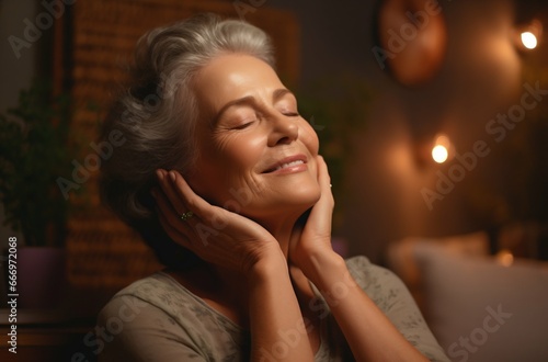 Elderly Woman Practicing Facial Massage Before Sleep. Generative ai