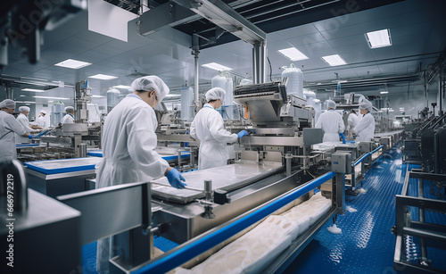 Assembly line of a food factory, process of transforming raw ingredients into packaged.