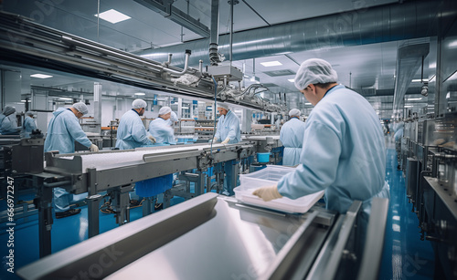 Assembly line of a food factory, process of transforming raw ingredients into packaged. photo