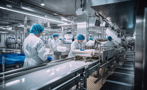 Assembly line of a food factory, process of transforming raw ingredients into packaged. photo