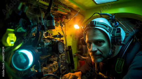 Submarine pilot inside a state-of-the-art research vessel deep under water in moody lighting