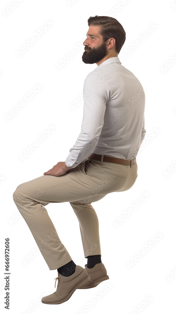 © Michael - Back view of an Isolated sitting handsome young man wearing a white shirt and beige chino trousers, cutout on transparent background, ready for architectural visualisation.
