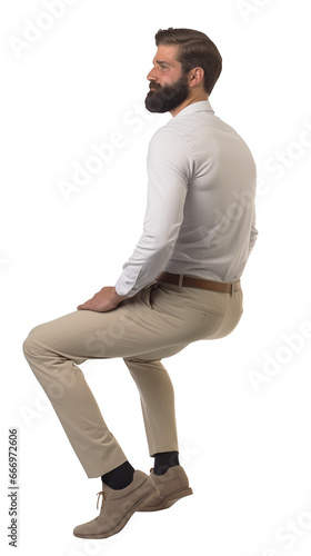 Back view of an Isolated sitting handsome young man wearing a white shirt and beige chino trousers, cutout on transparent background, ready for architectural visualisation.