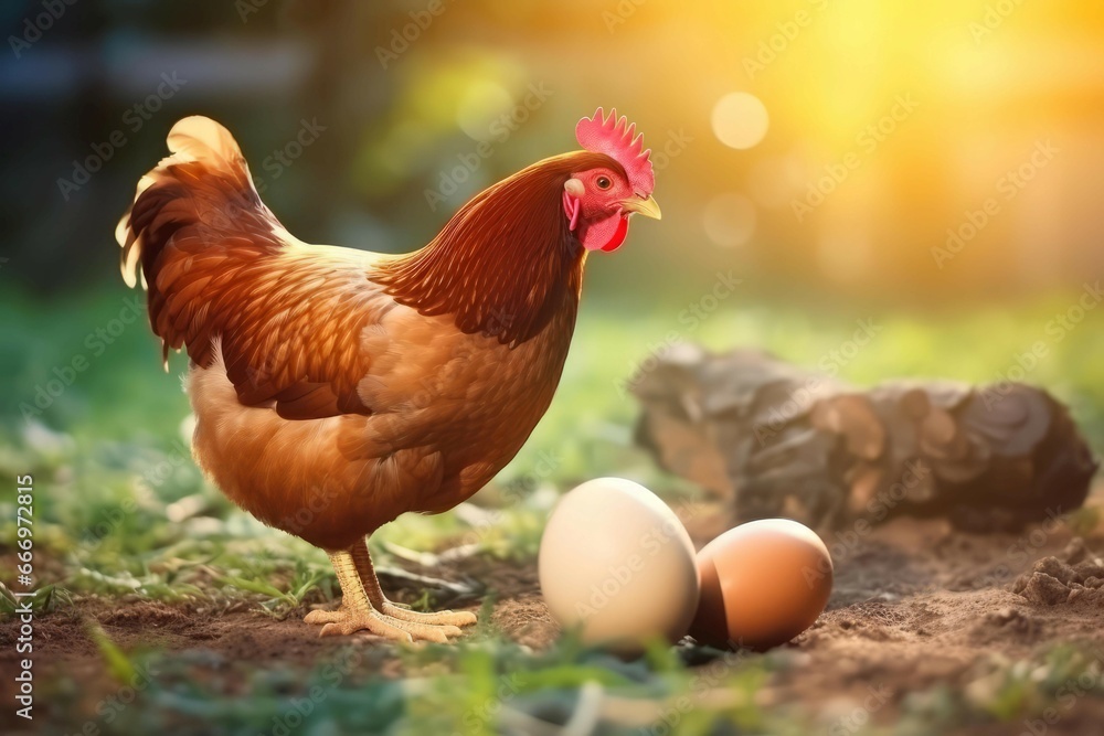 Organic eco chicken with her eggs. Nature outdoor green farm birds. Generate Ai