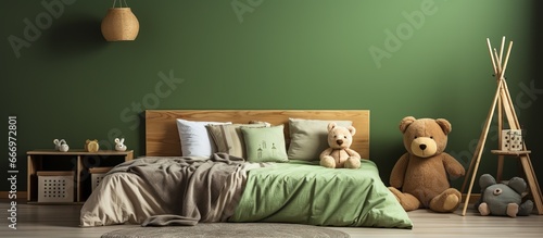 Contemporary boy s bedroom with green and brown pillows and dolls on the bed