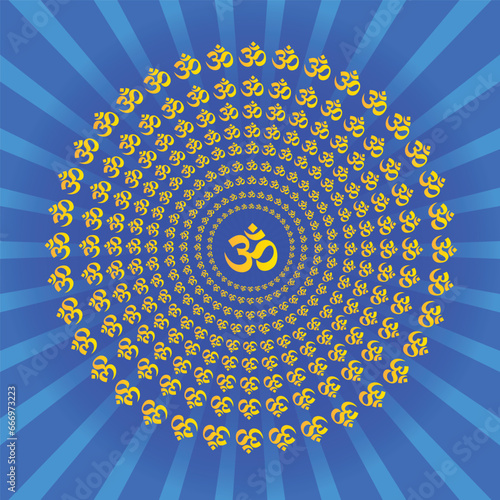 Om or aum lettering vector template in shades of blue and yellow colors best for social media, print and home decoration. Hindu om symbol Illustration.