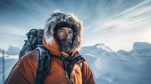 Handsome bearded hipster hiker on top of snowy mountain