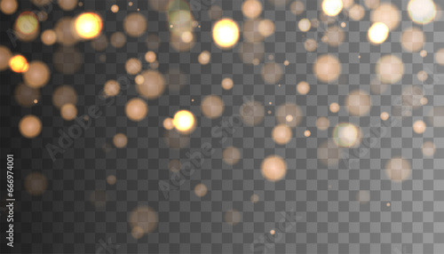 Gold color bokeh lights. Glitter particles isolated.