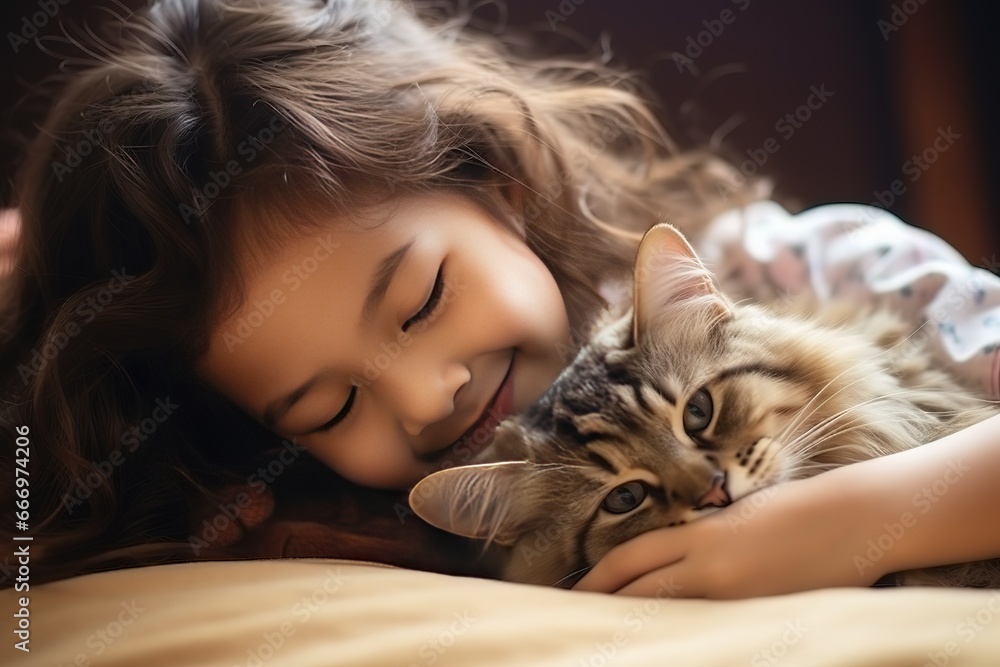 Asia kid girl playing with cat