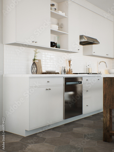 White kitchen with accent dishwasher and kitchen utensils. 
