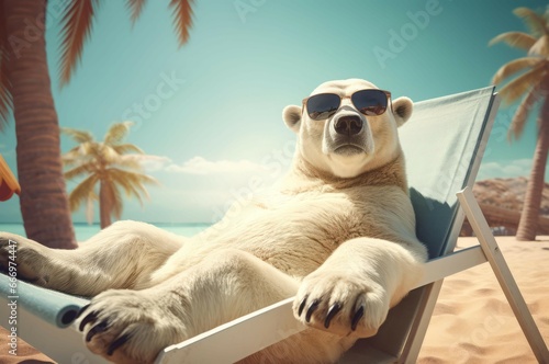 Polar bear lounger with sunglasses. Summer at tropical hot sand beach. Generate Ai