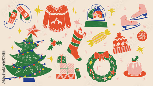 Christmas and New Year set in linocut style is ideal for scrapbooking, greeting cards, posters, tags, and a sticker kit.