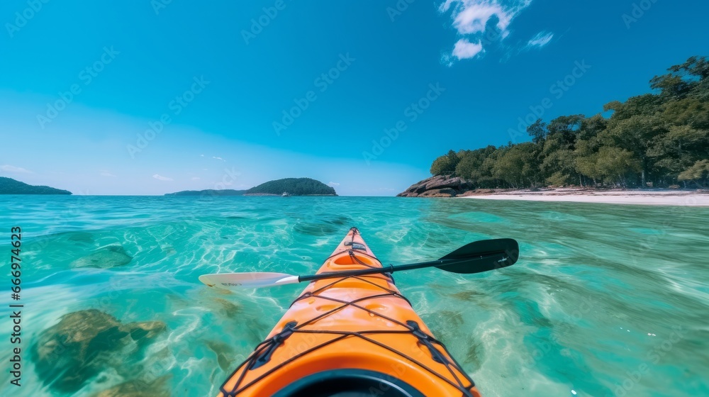 Experiencing the perspective of a kayaker paddling towards a tropical paradise island surrounded by crystal-clear turquoise waters