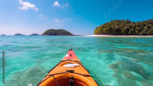 Experiencing the perspective of a kayaker paddling towards a tropical paradise island surrounded by crystal-clear turquoise waters © Chingiz