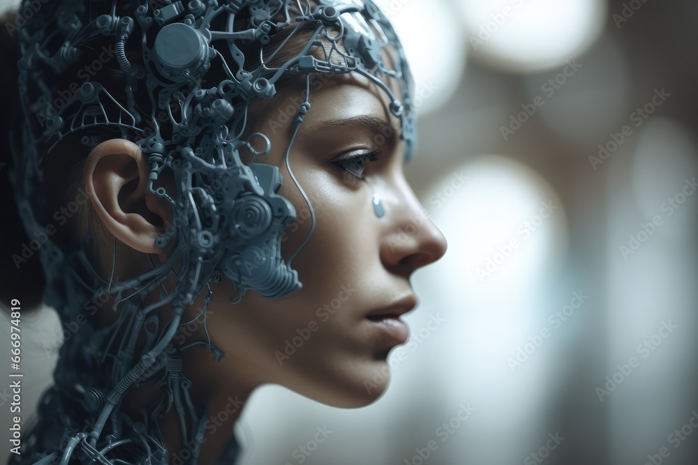 AI tech cyborg human head with digital wires and cable AI tech cyborg human head with digital wires and cable