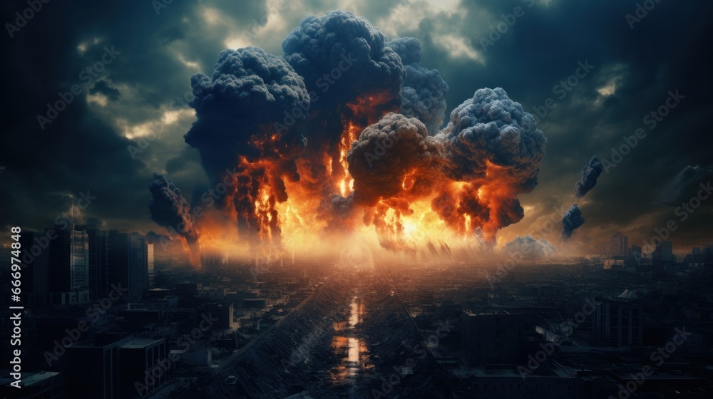 Imagery portraying the concept of a nuclear apocalypse, capturing the detonation of a nuclear bomb within an urban setting. The city is devastated by atomic warfare