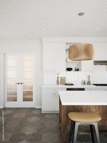 White kitchen with wood island and patterned wood fixtures with kitchen appliances and utensils. 