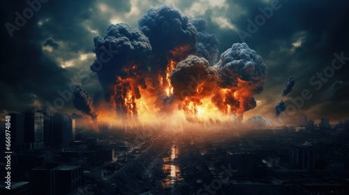 Imagery portraying the concept of a nuclear apocalypse  capturing the detonation of a nuclear bomb within an urban setting. The city is devastated by atomic warfare
