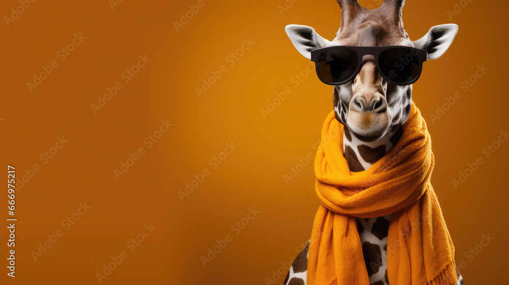 Giraffe with Sunglasses and Scarf: Perfect for fun, quirky, and playful themes | Isolated with empty space for copy.