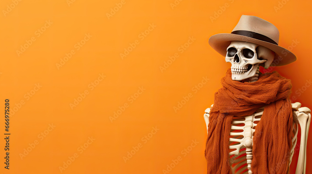 Skeleton in Orange Striped Shirt: Perfect for Halloween themes and spooky celebrations | Isolated with empty space for copy. Skeleton in Orange Striped Shirt: Perfect for Halloween themes and spooky celebrations | Isolated with empty space for copy.