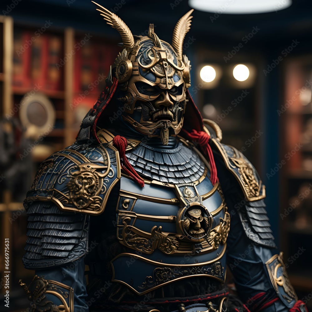 Fototapeta premium Suit Armor of Samurai display on the table with japanese background