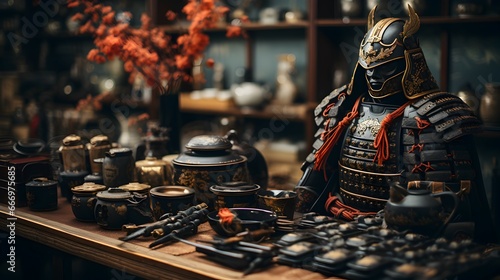 Suit Armor of Samurai display on the table with japanese background photo