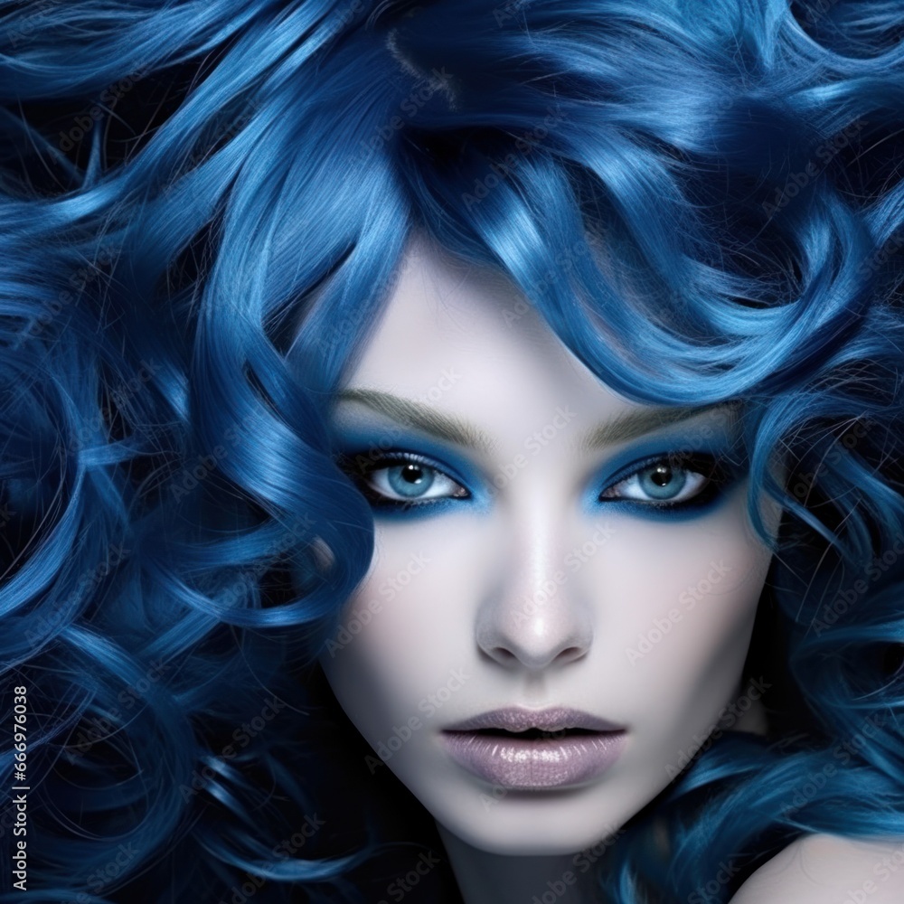 fashion blue nova trendy color. portrait of a model girl with blue hair
