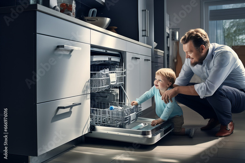 Child helping father with the dishwasher