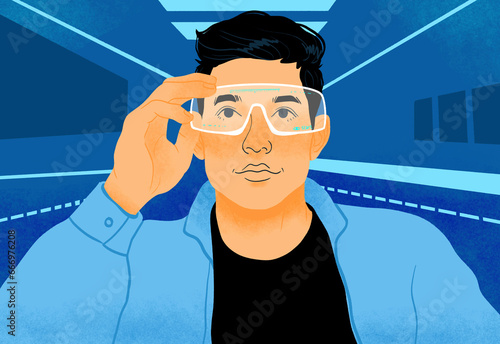 Man wearing augmented reality glasses, illustration photo
