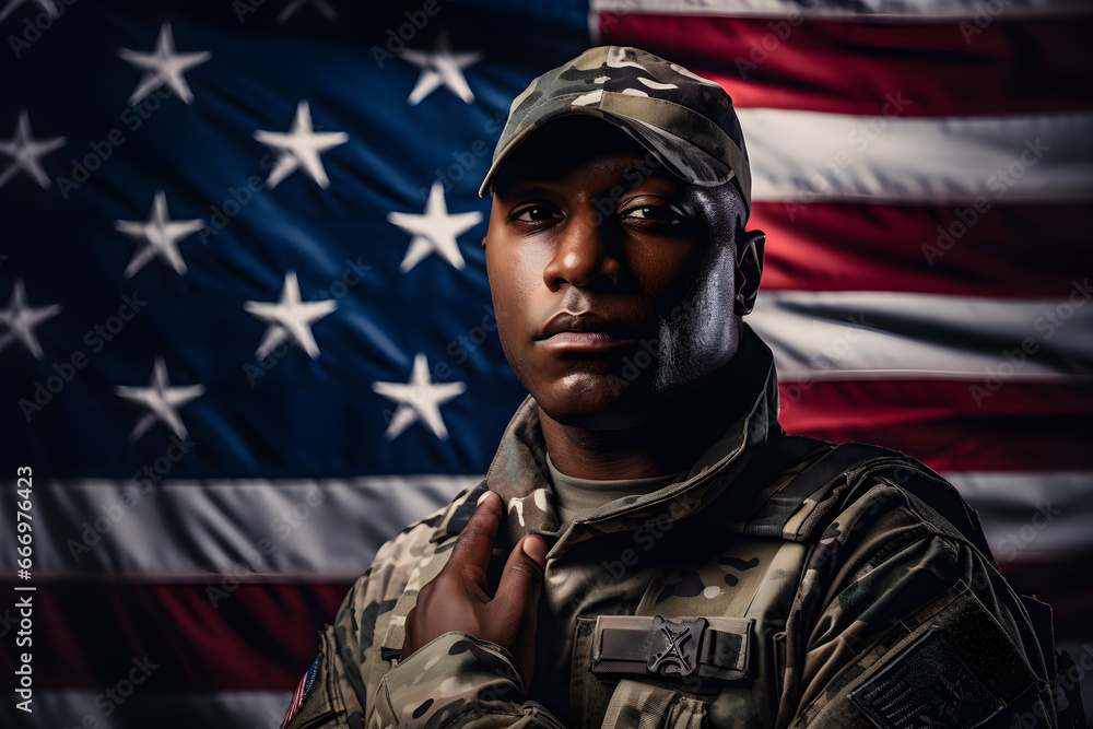 Patriotic background with american soldier and USA flag