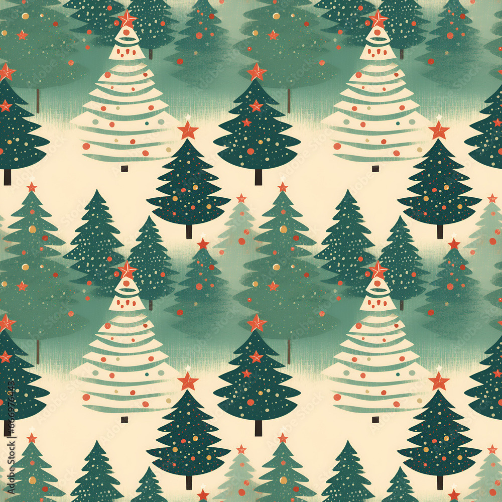 Retro style christmas pattern, new year trees seamless vintage background