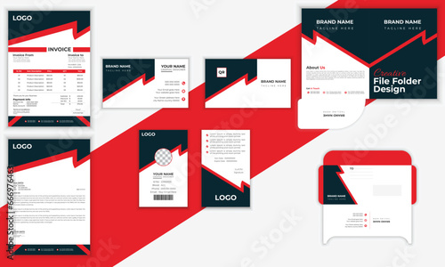 Stationery Set with Business office stationary mockup template of Business Card, Envelope, File folder, letterhead, Id card, and  invoice