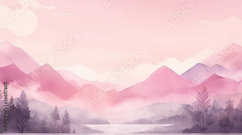 A watercolor landscape pink background with artistic scenery