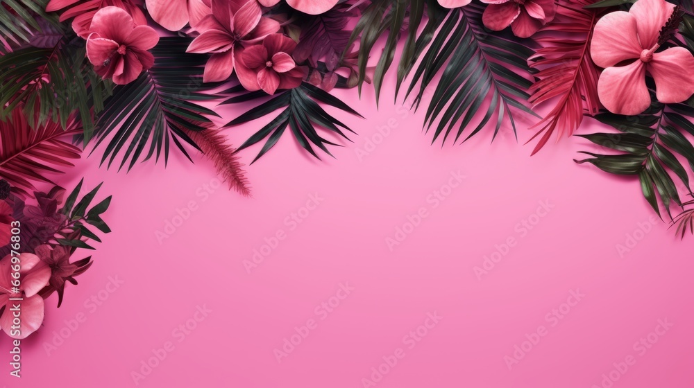 A tropical paradise pink background with exotic plants A tropical paradise pink background with exotic plants