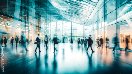 Image of people in the lobby of a modern business center with a blurred background. AI Generated