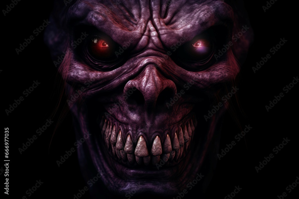 Scary evil face grimace with fear teeth. Mad makeup night carnival costume. Generate Ai Scary evil face grimace with fear teeth. Mad makeup night carnival costume. Generate Ai