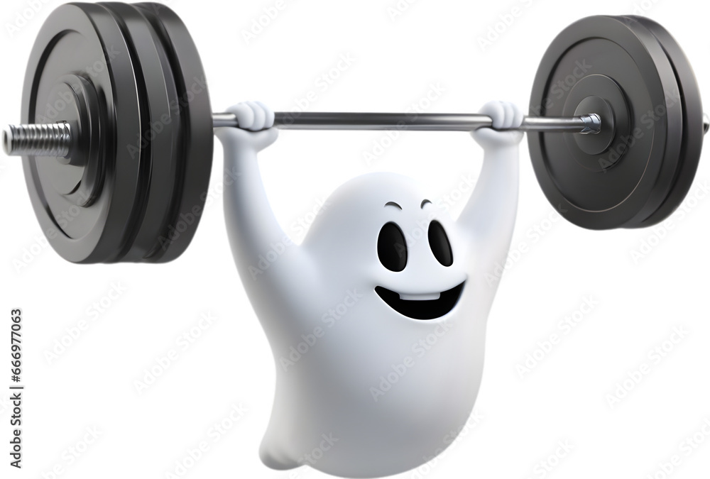 A Cute ghost cartoon character lifts weights while floating in the air. A Cute ghost cartoon character lifts weights while floating in the air.