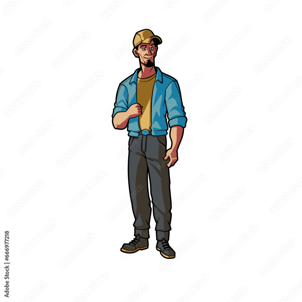 Confident and Friendly Farmer Cartoon Character Illustration in Blue Shirt and Hat Confident and Friendly Farmer Cartoon Character Illustration in Blue Shirt and Hat