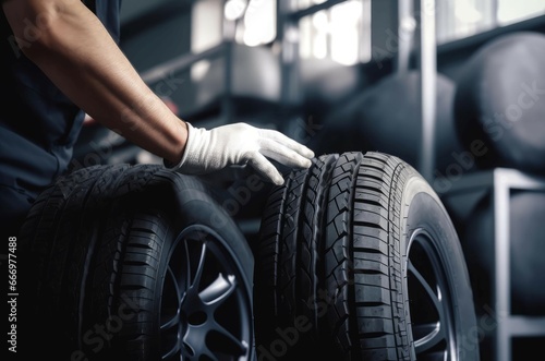 Repairing service garage of tires vehicle. Fix worker car person wheel. Generate Ai