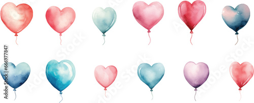Set of watercolor heart shaped balloons on white background.