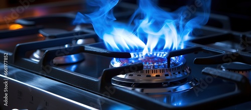 Gas stove ignited blue burner flame