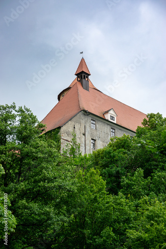 Castle tower in the woods above the dam in Brno, Czech Republic.