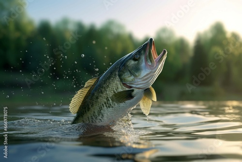 Small bass taking off river. Nature fish animal catch closeup. Generate Ai