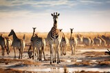 Group of zebras in Etosha National Park, Namibia, Herd of giraffes and zebras in Etosha National Park, Namibia, AI Generated