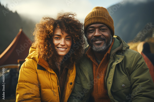 Portrait of happy multiethnic couple in the mountains against the backdrop of a tent camp. Young international family is engaged in a mountain hiking. Active lifestyle, tourism and vacation concept.
