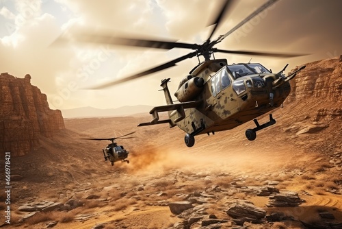 Helicopter in the desert. 3D illustration. Render, Helicopter in the desert. Military scene. 3d render, Attack helicopters flying in a warzone and shooting, AI Generated photo
