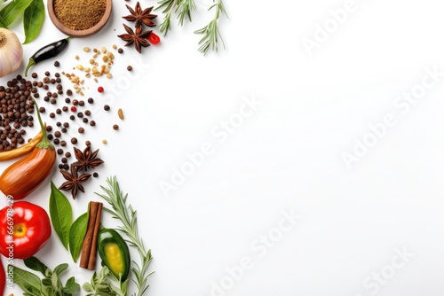 Fototapeta Naklejka Na Ścianę i Meble -  Fresh herbs, spices and vegetables on white background, space for text, Herbs and spices selection on white background with copy space for text, AI Generated
